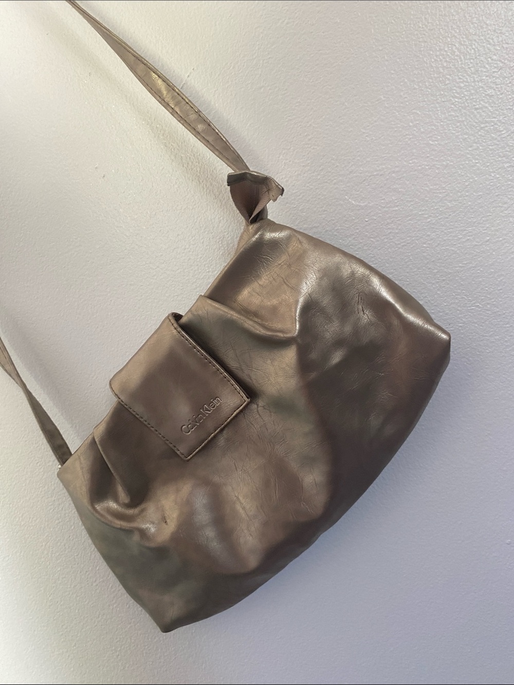 Calvin Klein Metallic Taupe Shoulder Bag with Flap